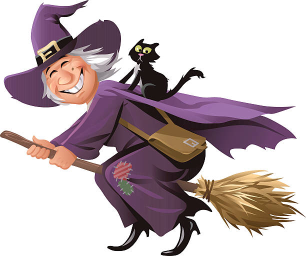 Witch Flying On A Broom Vector illustration of a smiling old witch with a black cat on her back flying on her broom, isolated on white. ugly cartoon characters stock illustrations