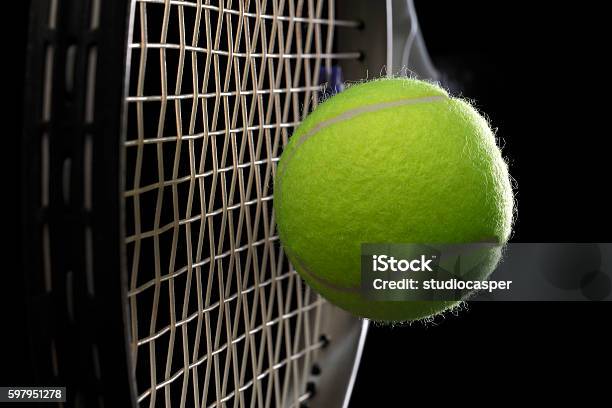 Tennis Racket With Tennis Ball Stock Photo - Download Image Now - Tennis Ball, Taking a Shot - Sport, Flying