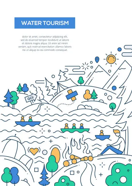 Vector illustration of Water Tourism - line design brochure poster template A4