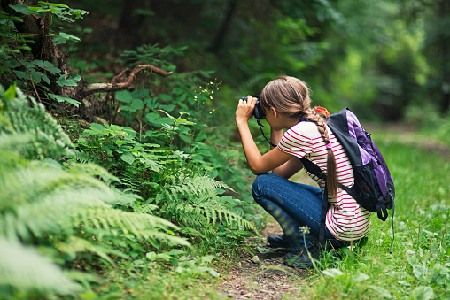 Little girl taking photos in the forest. The girl is aged 10 and is wearing backpack.