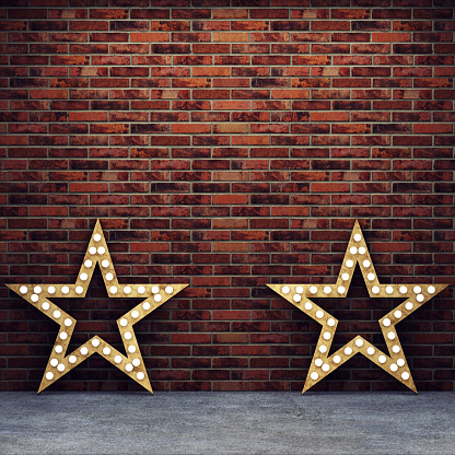 Brick wall and concrete floor with retro stars. 3D rendering