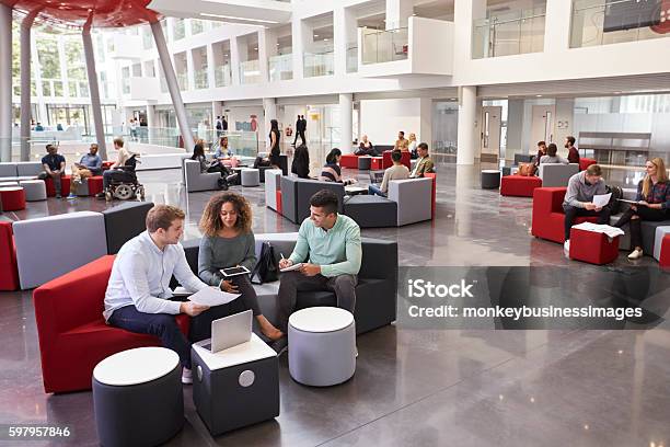 Foto de Estudantes Sentados No Átrio Universitário Três Em Primeiro Plano e mais fotos de stock de Moderno