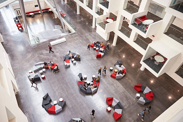 istock Students in the atrium of modern university building, aerial 597957848