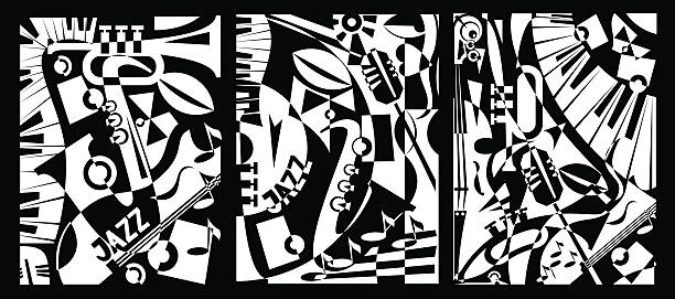 design banner jazz-musik im retro geometrischen abstraktionsstil. triptychon - guitar illustration and painting abstract pattern stock-grafiken, -clipart, -cartoons und -symbole