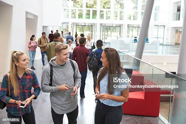 Students Holding Tablets And Phone Talk In University Lobby Stock Photo - Download Image Now