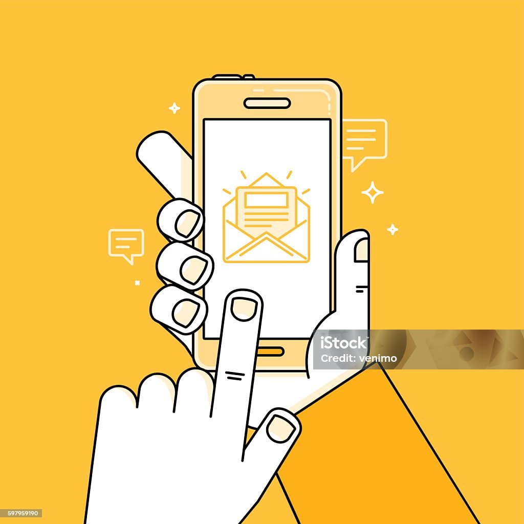 Vector illustration in flat style - hand with mobile phone Vector illustration in simple linear flat style and bright yellow color - hand with mobile phone and finger touching screen - app with message - notification about new letter or task Telephone stock vector