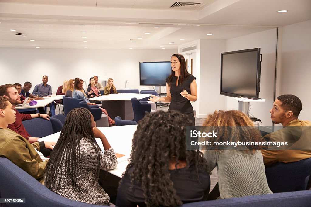 Female teacher addressing university students in a classroom Lecture Hall Stock Photo