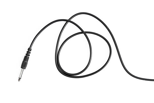 Guitar audio jack with black cable isolated on white background