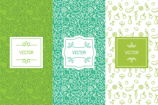 Vector set of design elements, seamless patterns and backgrounds for organic, healthy and vegan food packaging - green labels and emblems for vegetarian products, shops and websites with copy space for text and logo