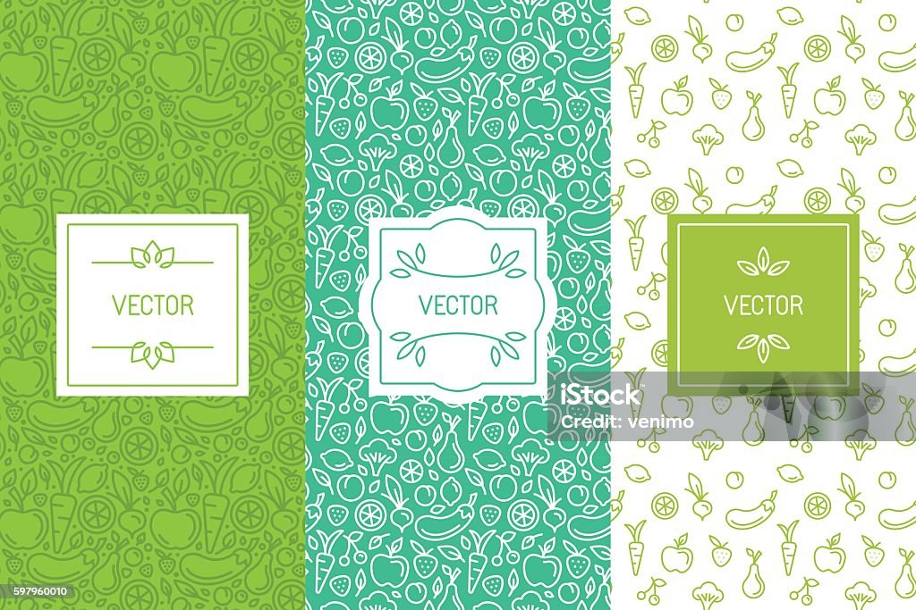 Vector set of design elements, seamless patterns and backgrounds Vector set of design elements, seamless patterns and backgrounds for organic, healthy and vegan food packaging - green labels and emblems for vegetarian products, shops and websites with copy space for text and logo Food stock vector