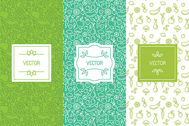 Vector set of design elements, seamless patterns and backgrounds Vector set of design elements, seamless patterns and backgrounds for organic, healthy and vegan food packaging - green labels and emblems for vegetarian products, shops and websites with copy space for text and logo fruit stock illustrations