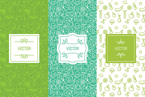 Vector set of design elements, seamless patterns and backgrounds Vector set of design elements, seamless patterns and backgrounds for organic, healthy and vegan food packaging - green labels and emblems for vegetarian products, shops and websites with copy space for text and logo ruit stock illustrations