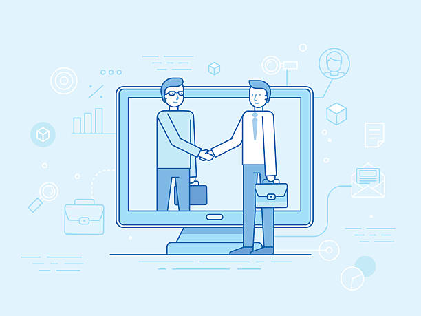 illustrazioni stock, clip art, cartoni animati e icone di tendenza di illustrazione vettoriale in stile lineare piatto e blu - outsource - silhouette handshake business customer