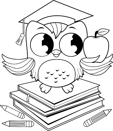 A cute owl wearing a mortarboard hat, sitting on a stack of books and holding a red apple. Black and white coloring page illustration