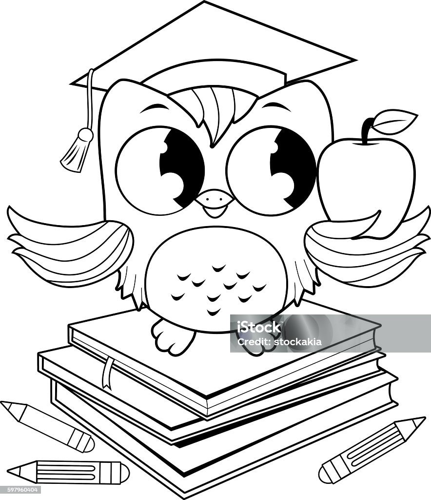 Owl on books with graduation hat A cute owl wearing a mortarboard hat, sitting on a stack of books and holding a red apple. Black and white coloring page illustration Coloring Book Page - Illlustration Technique stock vector