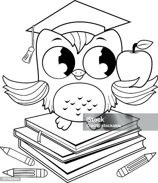 Owl On Books With Graduation Hat Stock Illustration - Download Image Now - Coloring Book Page - Illlustration Technique, Education, Graduation