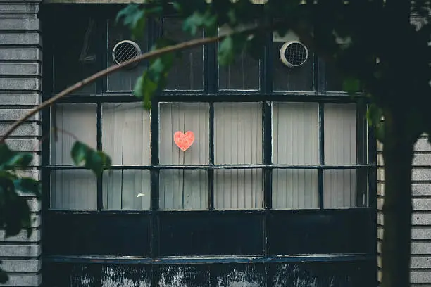 A black framed window in a city with a red heart stuck in it. A green tree is in the foreground. The images was taken in London.