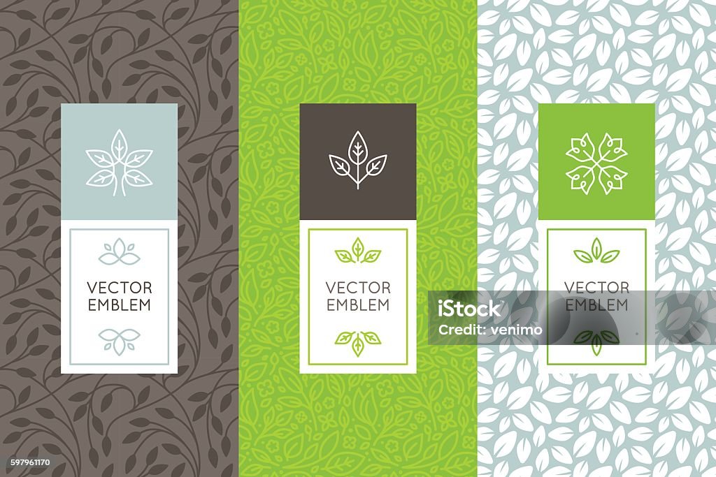 Vector set of packaging design templates Vector set of packaging design templates, seamless patterns and frames with copy space for text for cosmetics, beauty products, organic and healthy food with green leaves and flowers - modern style ornaments and backgrounds Leaf stock vector