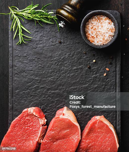 Raw Beef Eye Round Steaks With Spices Rosemary Copy Space Stock Photo - Download Image Now
