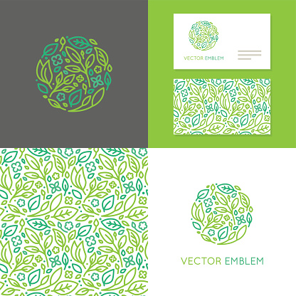 Vector abstract emblem - insignia made of green leaves and flowers - set of design elements for organic shop or yoga studio, cosmetics, beauty products, organic and healthy food  - logo, seamless pattern and business card templates
