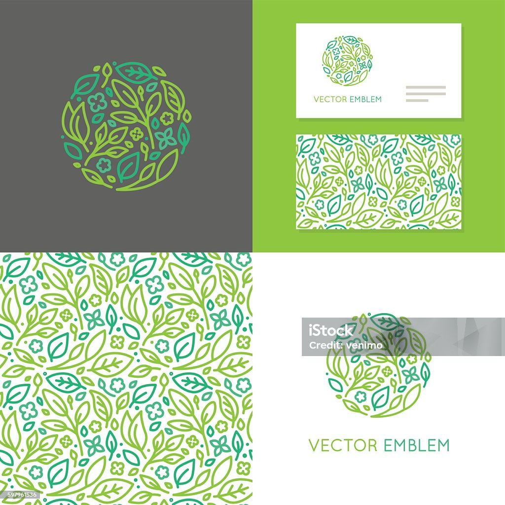Vector abstract emblem for organic shop Vector abstract emblem - insignia made of green leaves and flowers - set of design elements for organic shop or yoga studio, cosmetics, beauty products, organic and healthy food  - logo, seamless pattern and business card templates Pattern stock vector