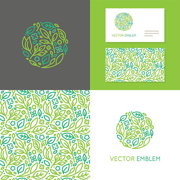 Vector abstract emblem for organic shop Vector abstract emblem - insignia made of green leaves and flowers - set of design elements for organic shop or yoga studio, cosmetics, beauty products, organic and healthy food  - logo, seamless pattern and business card templates environment illustrations stock illustrations