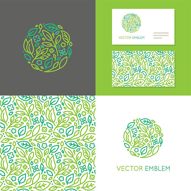 Vector abstract emblem for organic shop Vector abstract emblem - insignia made of green leaves and flowers - set of design elements for organic shop or yoga studio, cosmetics, beauty products, organic and healthy food - logo, seamless pattern and business card templates green science background stock illustrations