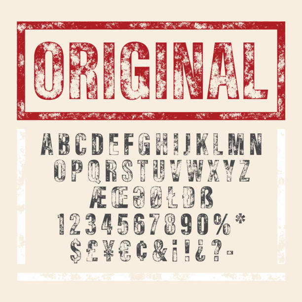 벡터 손으로 그린 알파벳. 페인트 칠한 글자를 브러시. - rubber stamp typescript alphabet letterpress stock illustrations