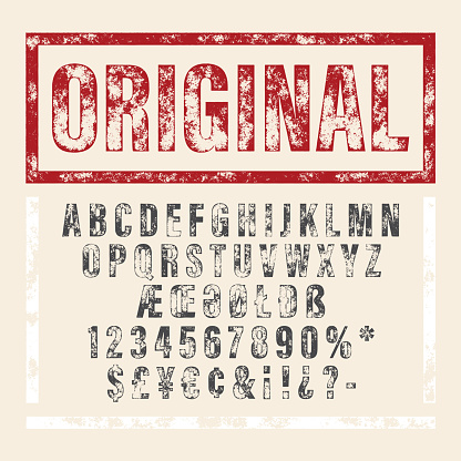 Hand drawn letterpressed font in retro stamp style. Vintage textured grunge alphabet with scratches. Vector brush painted script letters.