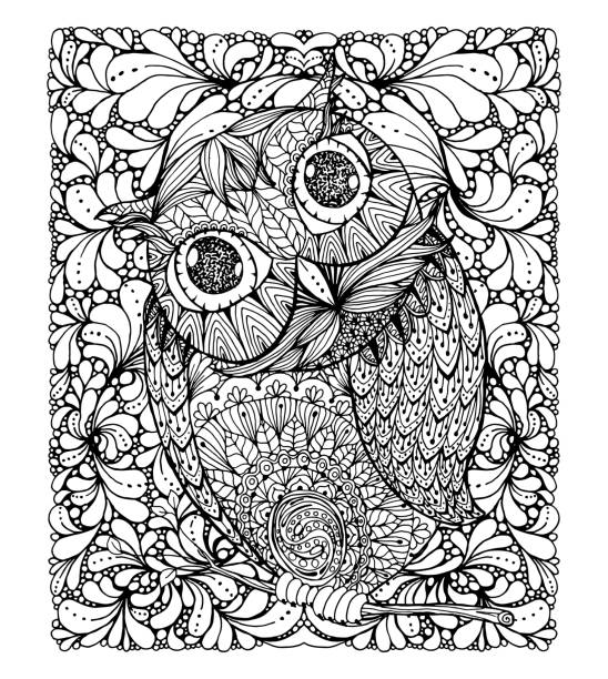 Doodle style owl. Illustration with background and ornanets fill Doodle style owl. Illustration with background and ornanets fill for adult coloring book page design, antistress ink drawing background of a owl black and white stock illustrations