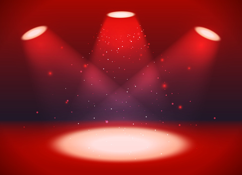 Bright empty scene with three spotlights on red background