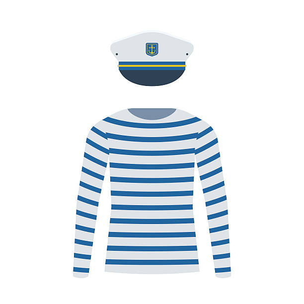 Sailor Shirt and Captain Cap Sea sailor wear vector set. Navy captain cap and striped long-sleeved t-shirt isolated on white background. Marine skipper hat and sailor shirt icons. Yacht officer outfit. striped shirt stock illustrations