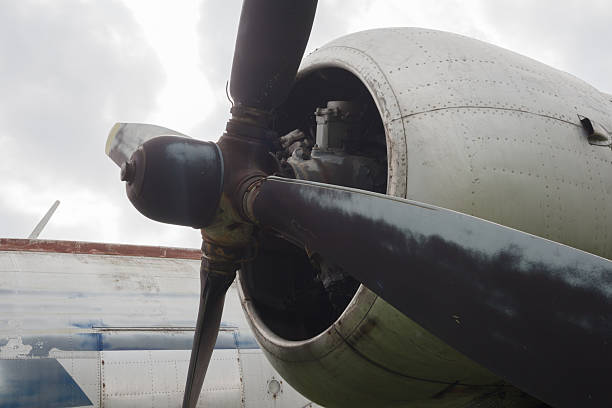 istock Propeller of an old piston airplane engine 597965824