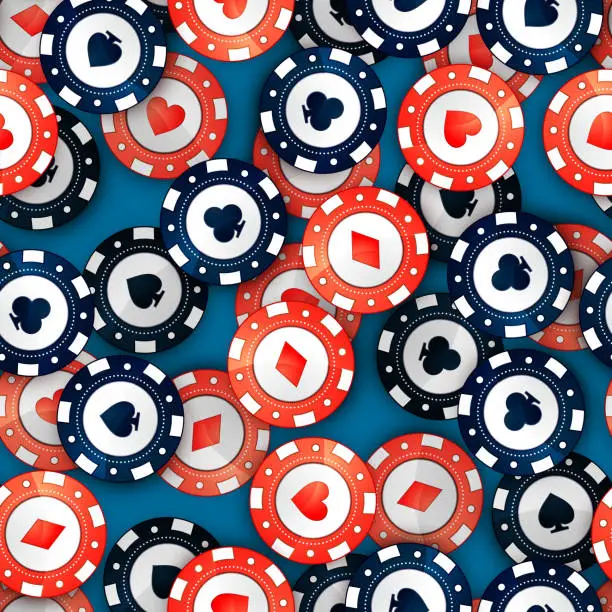 Vector illustration of Red and blue casino chips on table, seamless pattern