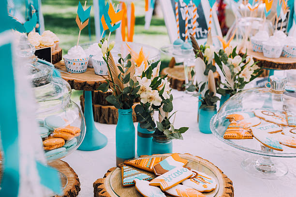 Design kids birthday parties, family celebrations, children's birthday party in boho style with the dream catchers, sweets and lemonade