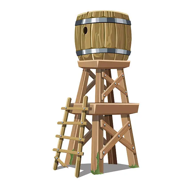 Vector illustration of Old wooden water tower on white background