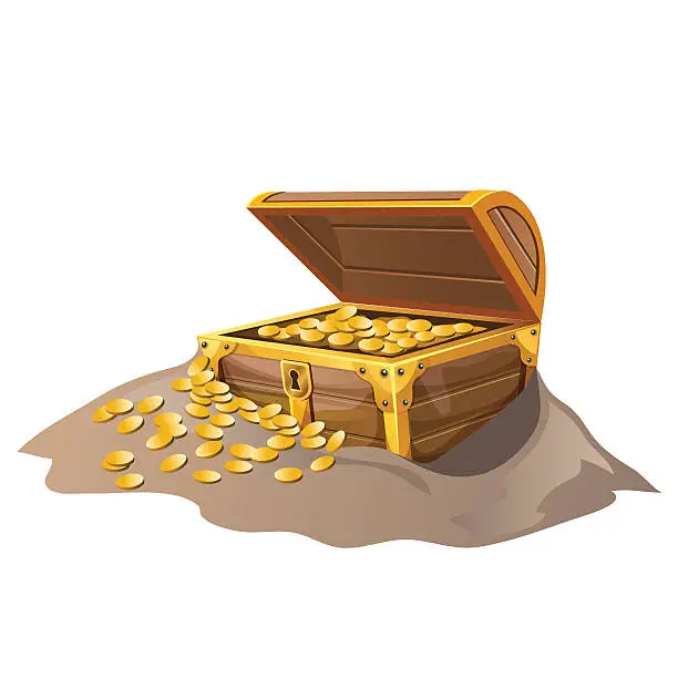Vector illustration of Open wooden pirate chest in sand with Golden coins