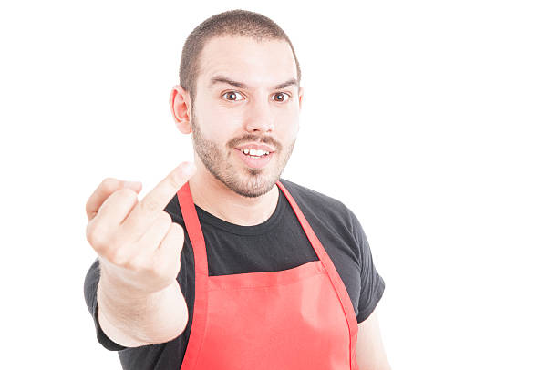 istock Ironic butcher doing fuck you sign 597968116