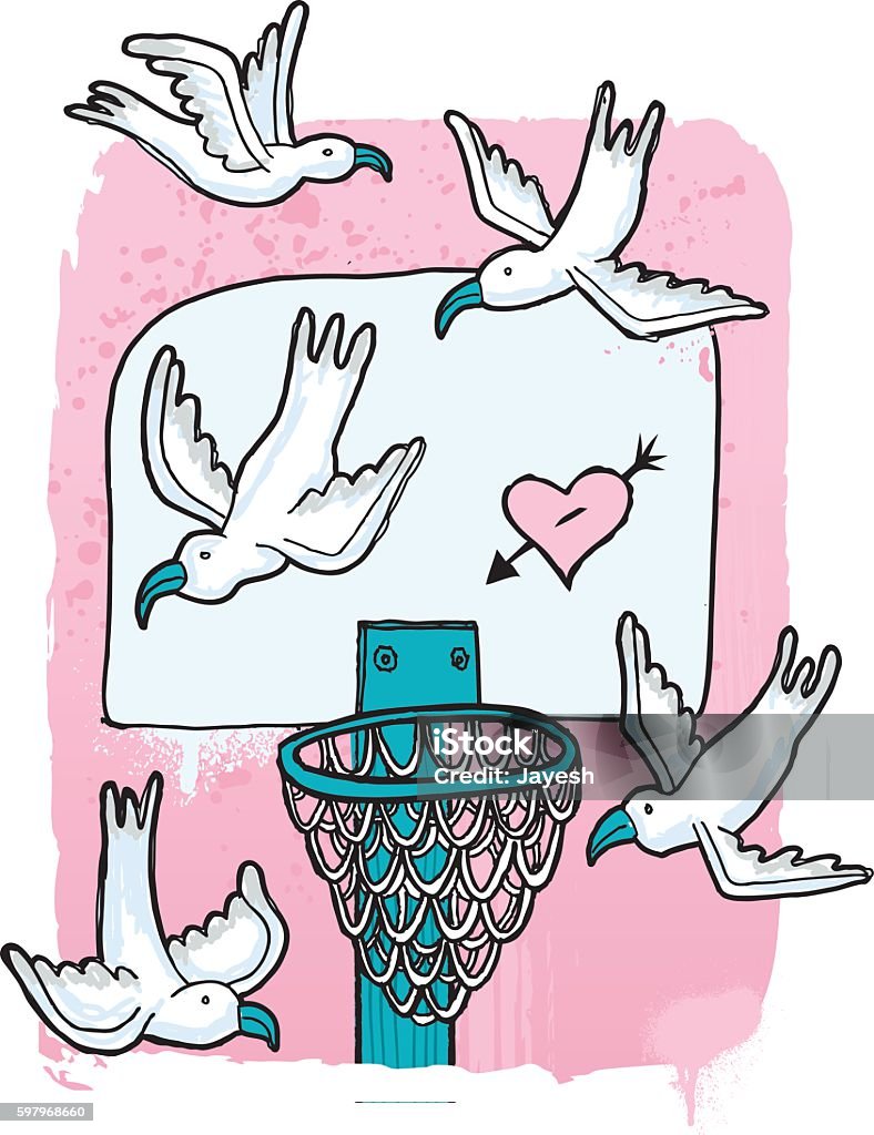 Whimsical Birds Fly Around Basketball Net with Heart Graffiti Whimsical Birds Fly Around Basketball Net with Heart Graffiti Illustration Art stock vector