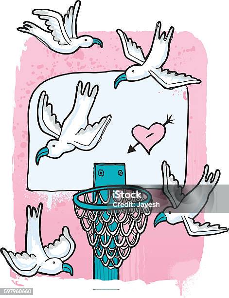 Whimsical Birds Fly Around Basketball Net With Heart Graffiti Stock Illustration - Download Image Now