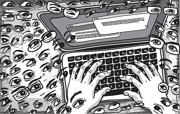 follower beobachten, was auf tastatur-illustration eingegeben wird - surveillance human eye security privacy stock-grafiken, -clipart, -cartoons und -symbole
