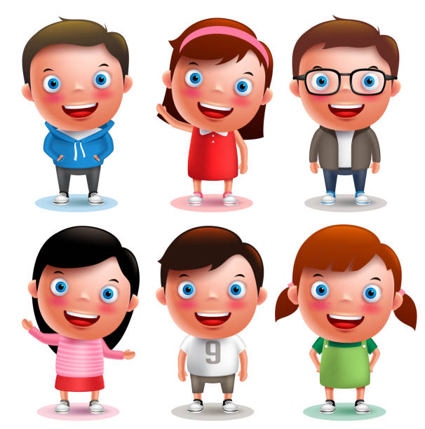 kinder vektor-charaktere jungen und mädchen set mit verschiedenen outfits - cartoon 3d stock-grafiken, -clipart, -cartoons und -symbole
