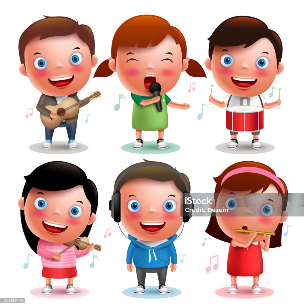 Kids Vector Characters Playing Musical Instruments Like Guitar Stock  Illustration - Download Image Now - iStock