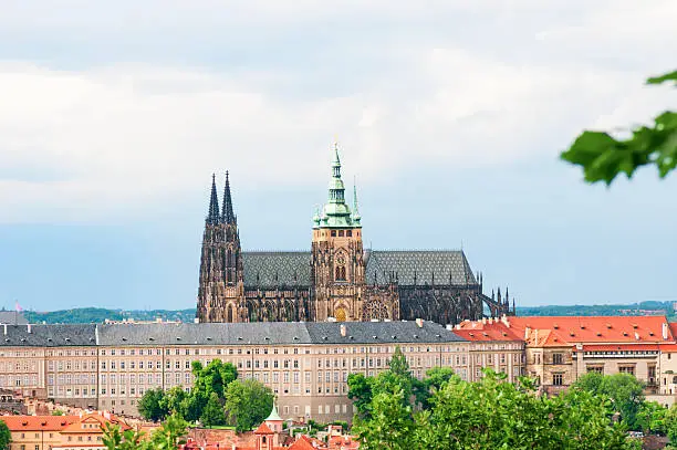 View on Prague town and St.Vitus cathedral in Prague Castle, Czech Republic