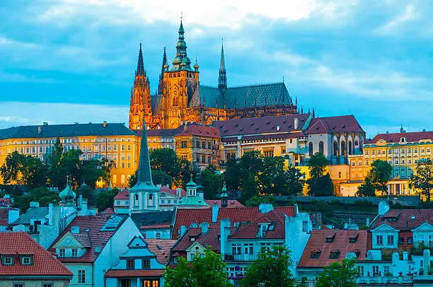 View on Prague town and St.Vitus cathedral in Prague Castle at night, Czech Republic