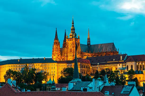 View on St.Vitus cathedral in Prague Castle at night, Czech Republic