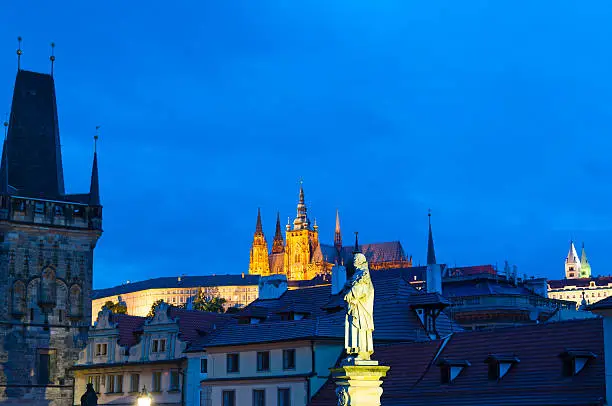 View on St.Vitus cathedral in Prague Castle from Charles bridge at night, Czech Republic