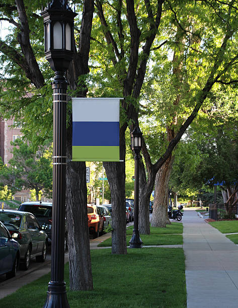 istock Lamppost banner in a quiet neighborhood with copy space 597969954