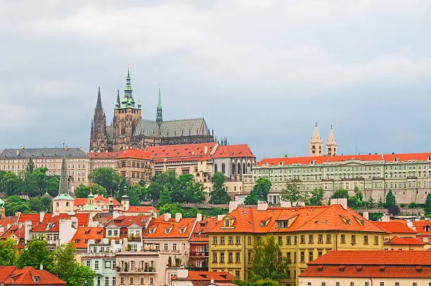 View on Prague town and St.Vitus cathedral in Prague Castle, Czech Republic