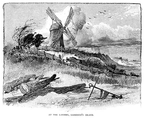 가디너의 섬 랜딩 - long island 19th century style usa north america stock illustrations